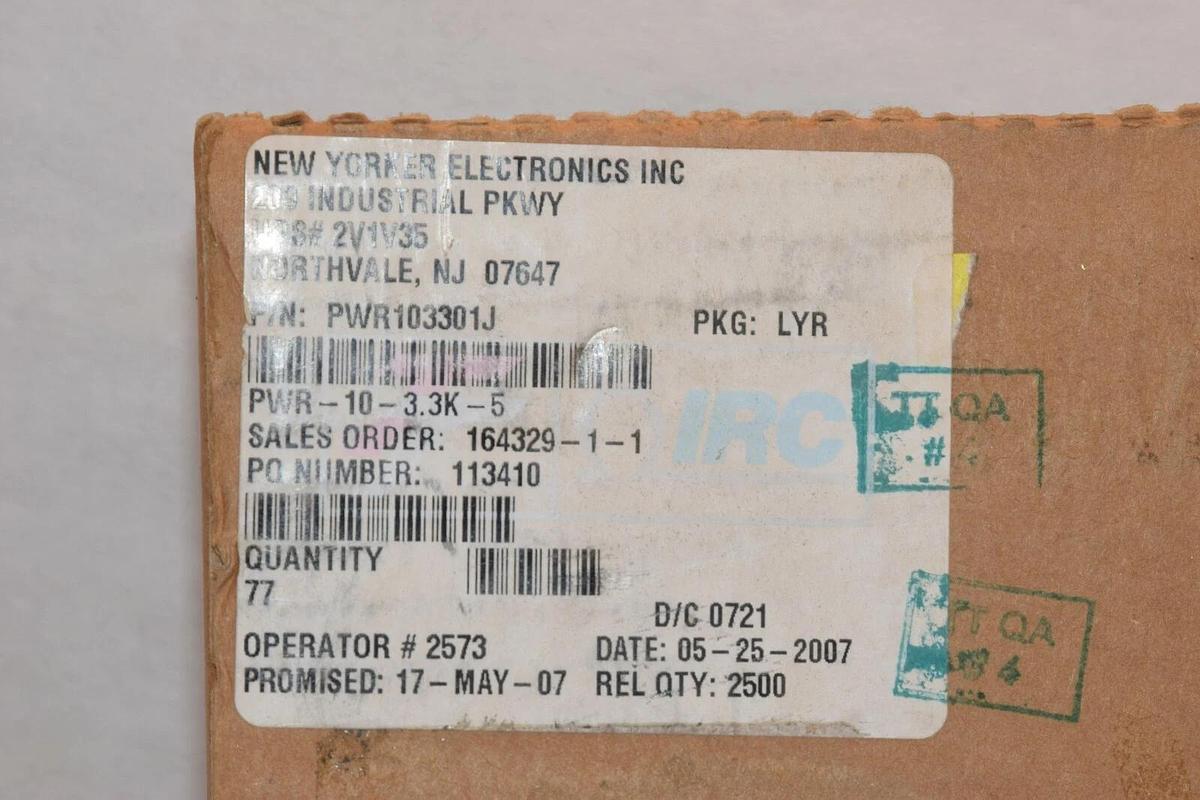 (NEW - BOX 77) NEW YORKER ELECTRONICS PWR103301J 3.3K 5% PWR10 Power Resistor