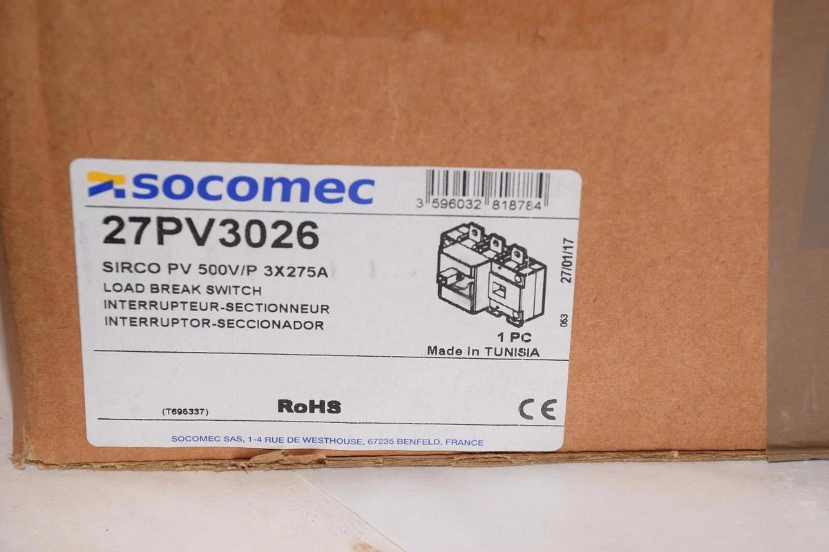 Socomec Sirco PV 500v/p 3x275A PV Disconnect Load Break Switch 27PV3026 NEW
