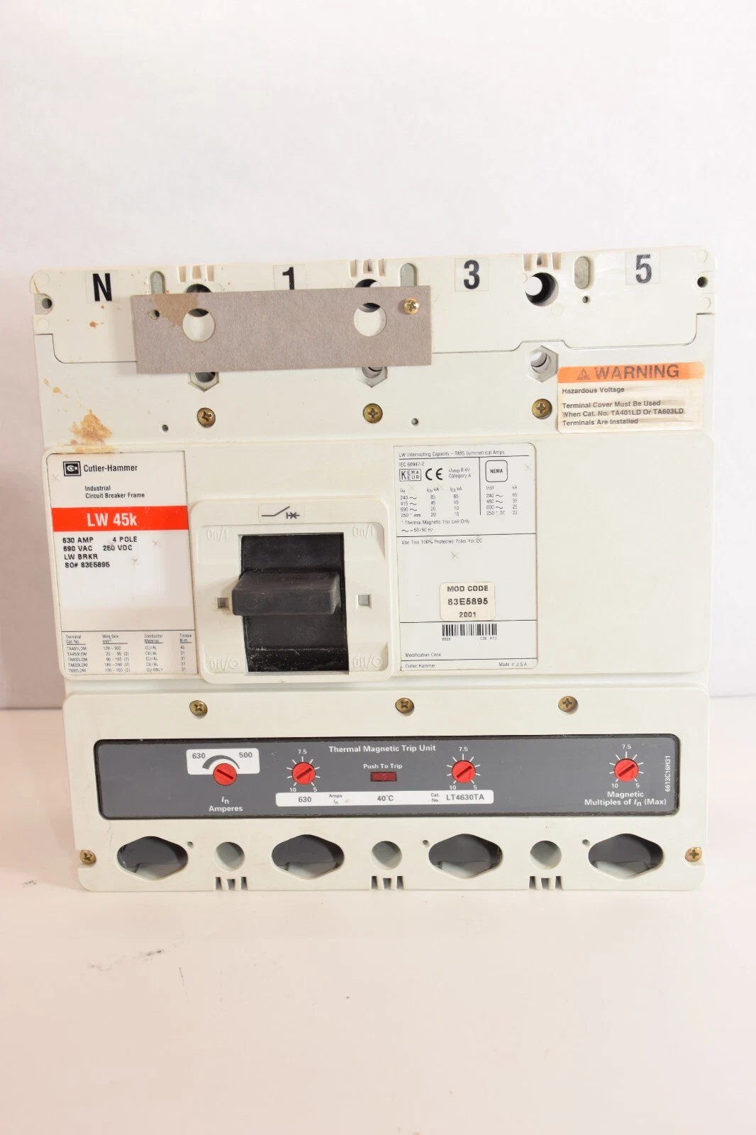 (New) Cutler Hammer LWBRKR LW 45k 4P 630 amp LT4630TA 83E5895 LW45k Breaker