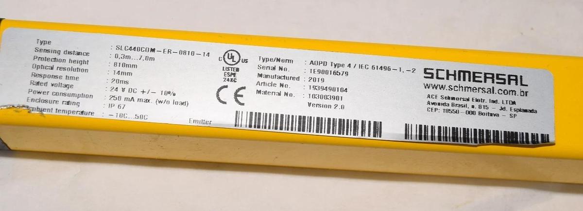 Schmersal Safety Light Curtain Emitter SLC440COM-ER-0810-14 .3-7.0m 24VDC (NEW)