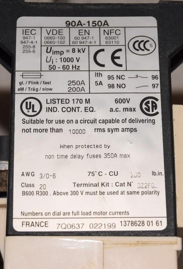 Used Telemecanique Motor Protection LR9 D 5569 LR9D5569 90A-150A 600V