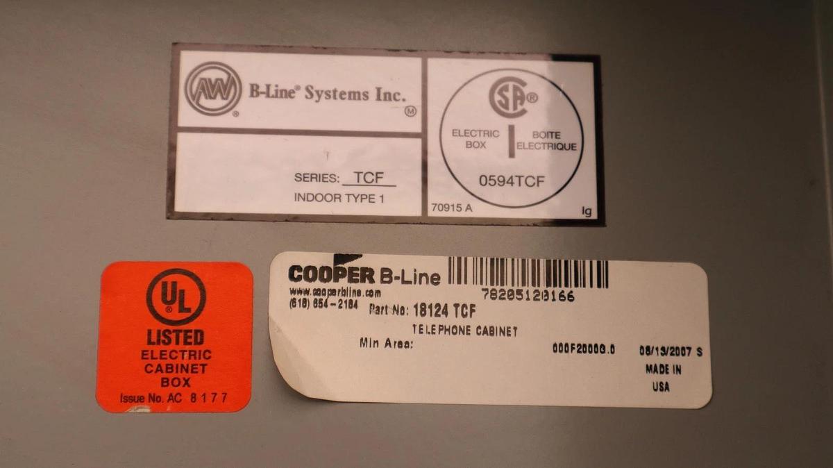 Eaton Cooper B-Line Telephone Cabinet 18x12x4 Flush 1 18124 TCF 18124TCF NEW