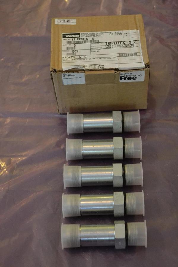 Box of 5 Parker Triplelok-S ST Long STR THD Connector 12FF50X-S 12 FF50X-S NEW