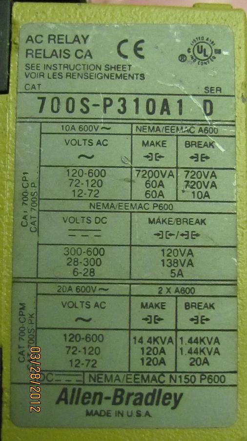 Used ALLEN BRADLEY RELAY 700S-P310A1 700SP310A1 700S P310A1 SER D