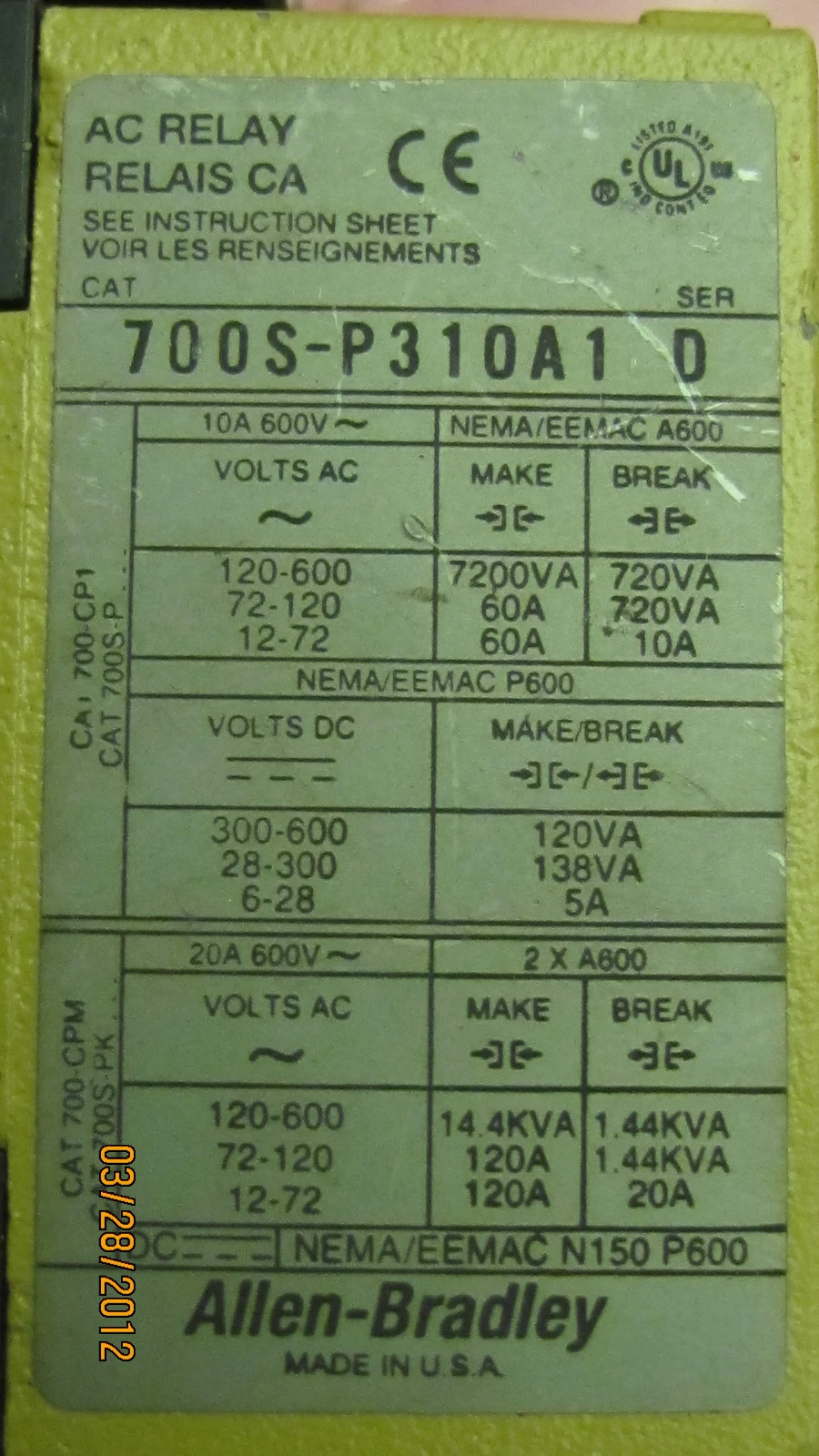 Used ALLEN BRADLEY RELAY 700S-P310A1 700SP310A1 700S P310A1 SER D