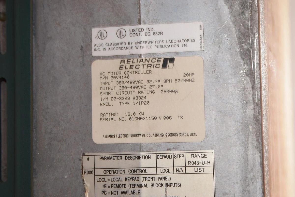 Used RELIANCE ELECTRIC GV3000 Drive AC Controller 20V4140 20hp 20 hp 15kw 380/460v