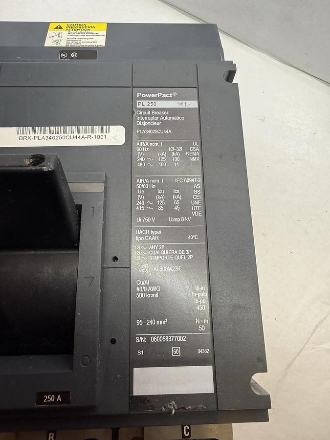 Refurbished Square D PowerPact 250A Circuit Breaker PL250 PLA34025CU44A PLA34025 250 Amp 3P