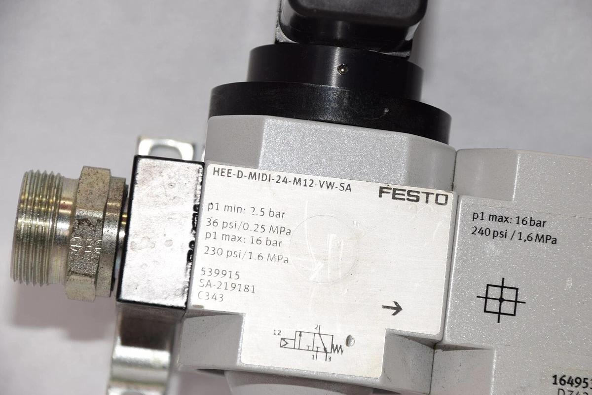 Used FESTO HEE-D-MIDI-24-M12-VW-SA On/Off Valve Assembly W/ Branching Module 164953