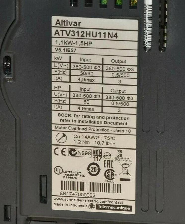 Used Telemecanique Schneider Electric ATV312HU11N4 1,1kW 1,5HP Altivar AC Drive