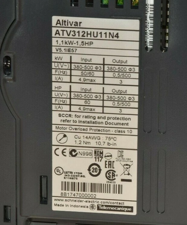 Used Telemecanique Schneider Electric ATV312HU11N4 1,1kW 1,5HP Altivar AC Drive