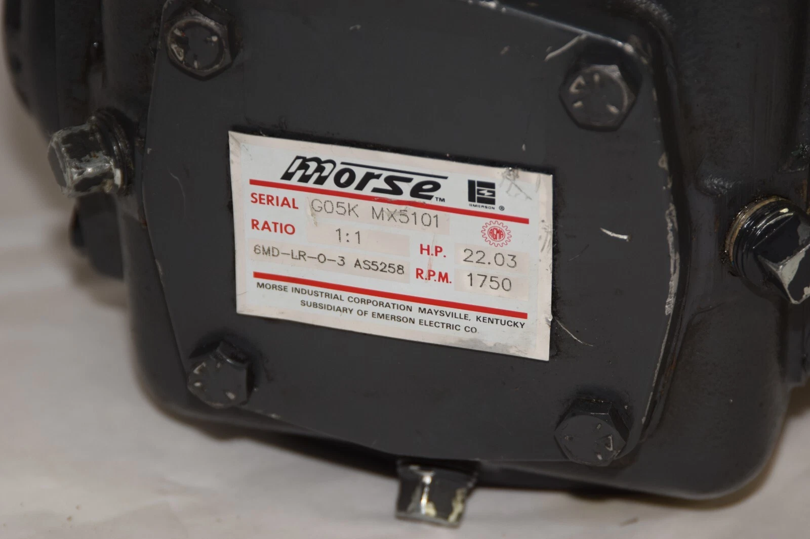 Used MORSE Gear Box Speed Reducer 6MD-LR-0-3 AS5258 1750rpm 22.03hp 1:1 1" Shaft