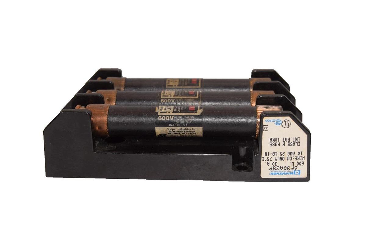 Used Marathon 6F30A3SP 600V 600V 30A Fuse Holder with (3) FRS-R-20 20A Fuse