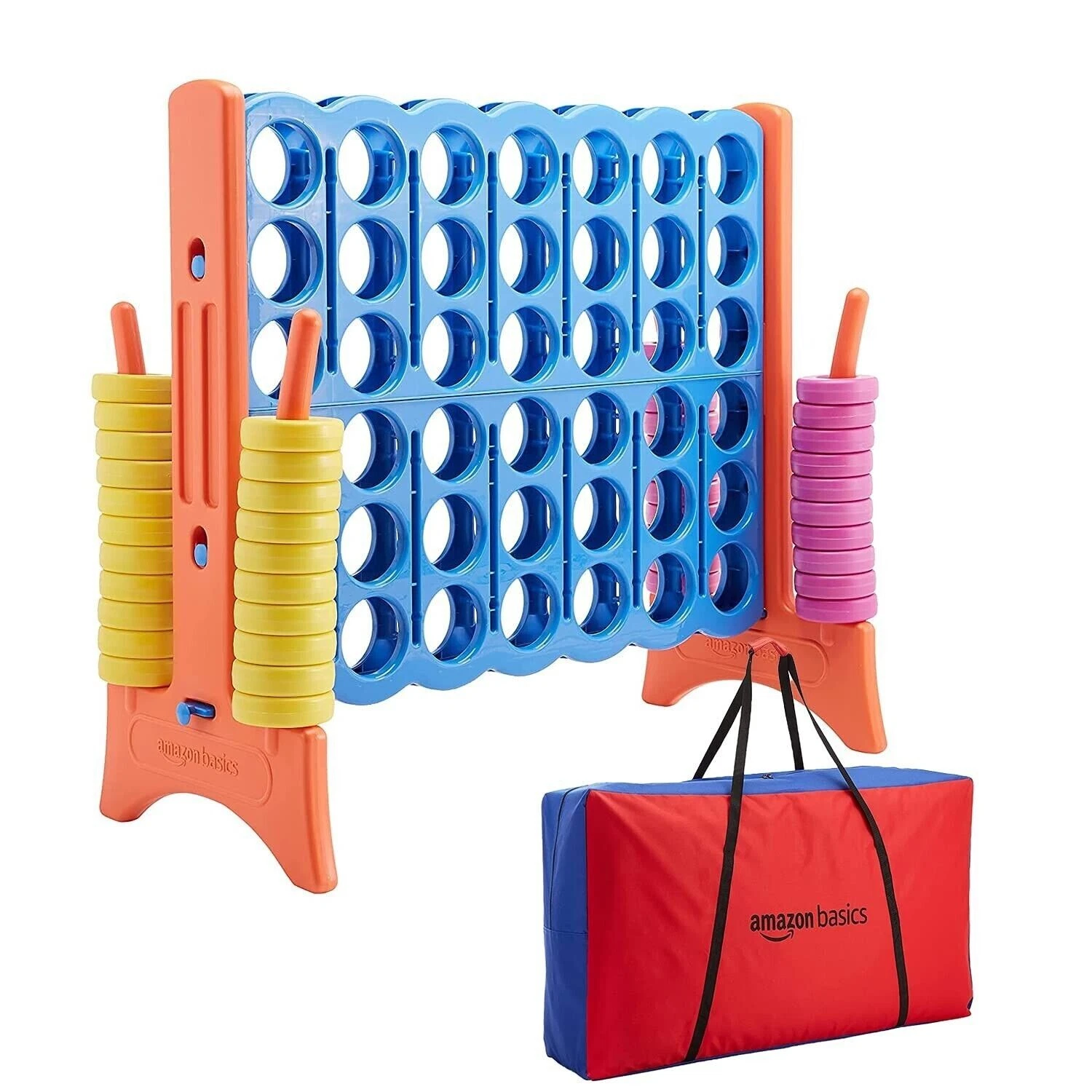 Used (NEW) AMAZON BASICS Giant 4-In-A-Row Plastic Game Set With Carry Bag