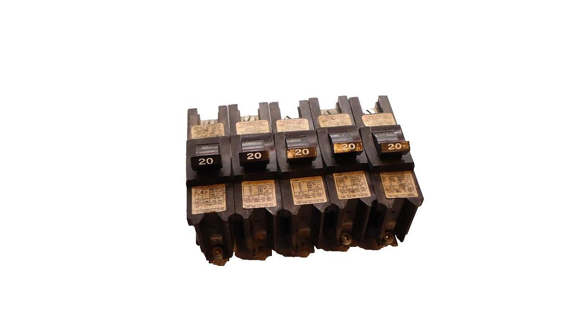 Used (Lot of 5) Federal Pacific 20 Amp 20A Single Pole Bolt on Breaker NBSWD120-U