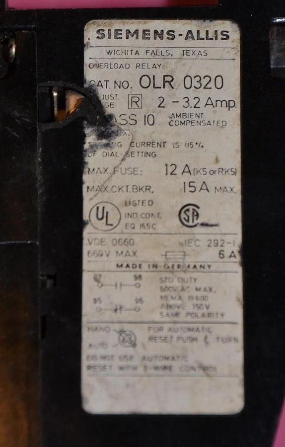 Used SIEMENS-ALLIS Overload Relay OLR0320 OLR-0320 OLR 0320 2-3.2AMP 2-3.2 AMP A