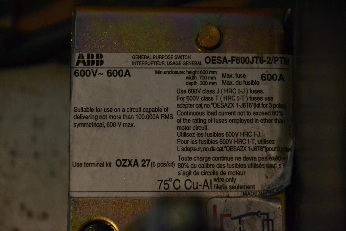 Used ABB DISCONNECT OESA PC60/600-1 OESAPC60/600-1 OESA-F600JT6-2/PTM 600 Amp A 600a