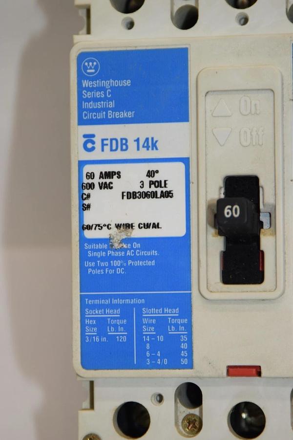 Used WESTINGHOUSE FDB3060LA05 60A Amp 3P 600Vac Ser. C Industrial Circuit Breaker