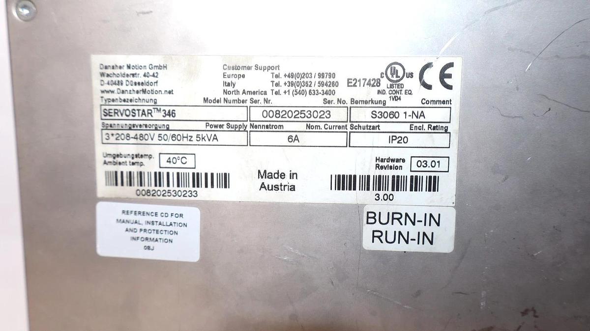 Used Danaher Motion Servostar 300 Servo Drive 346 6A S3060 1-NA S30601-NA
