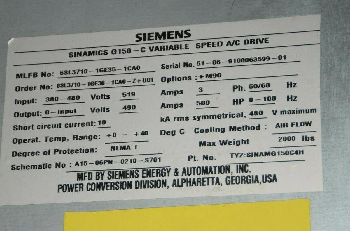 Used SIEMENS 6SL3710-1GE35-1CA0 500 HP G150-C AC Drive 380-480V  6SL3710 1GE35 1CA0