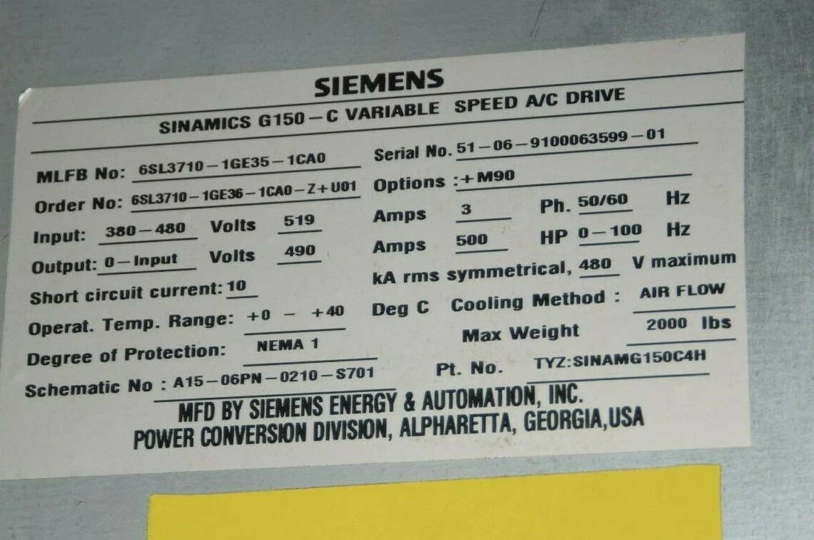 Used SIEMENS 6SL3710-1GE35-1CA0 500 HP G150-C AC Drive 380-480V 6SL3710 1GE35 1CA0