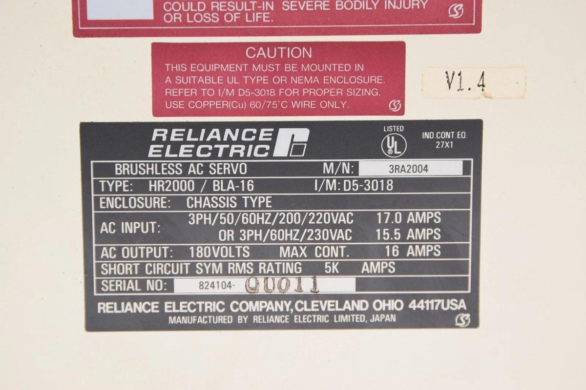 Used RELIANCE ELECTRIC HR2000/BLA-16 3Ph 50/60Hz 200/220Vac Brushless AC Servo Drive