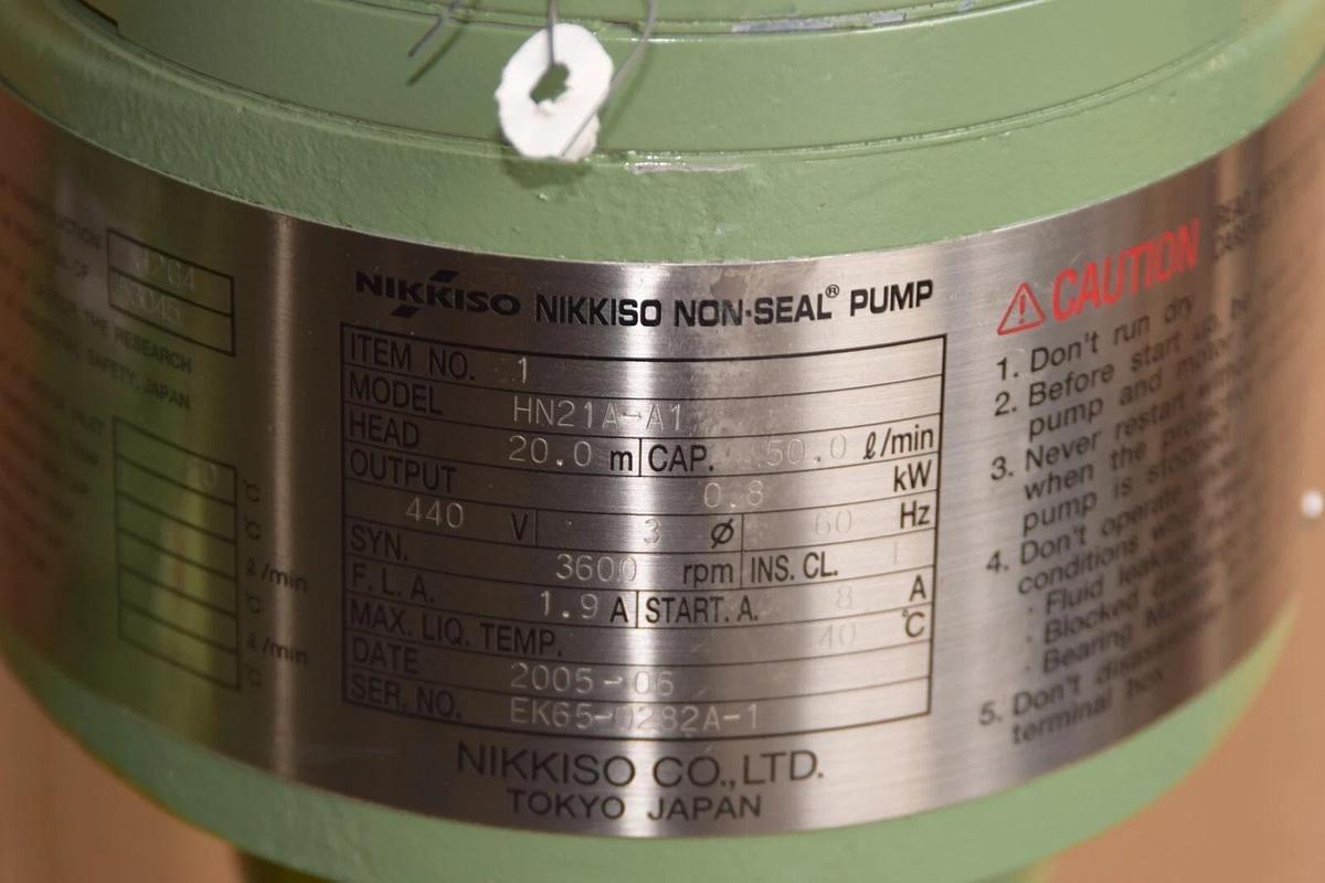 Nikkiso Non-Seal Pump HN21A-A1 HN21AA1 Head: 20m .8kw 440v 50 L/min (NEW)