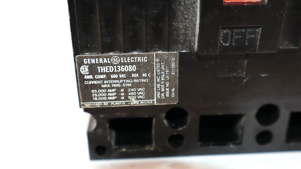 Used GE Molded Case Circuit Breaker THED136080 80A 80 Amp 3P 600Vac *READ*