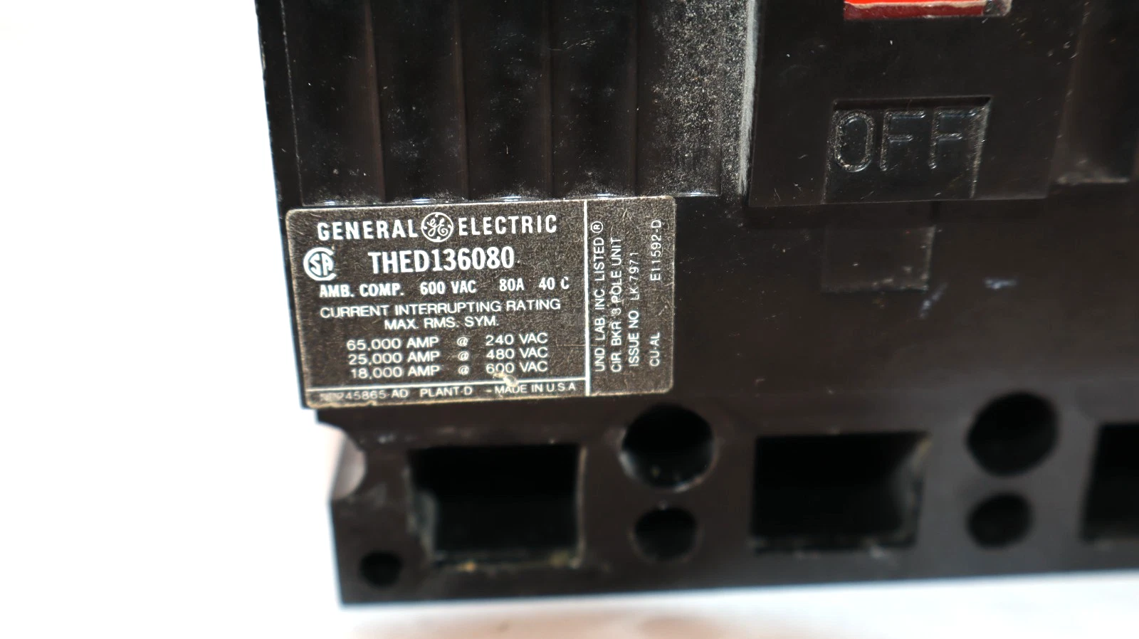 Used GE Molded Case Circuit Breaker THED136080 80A 80 Amp 3P 600Vac *READ*