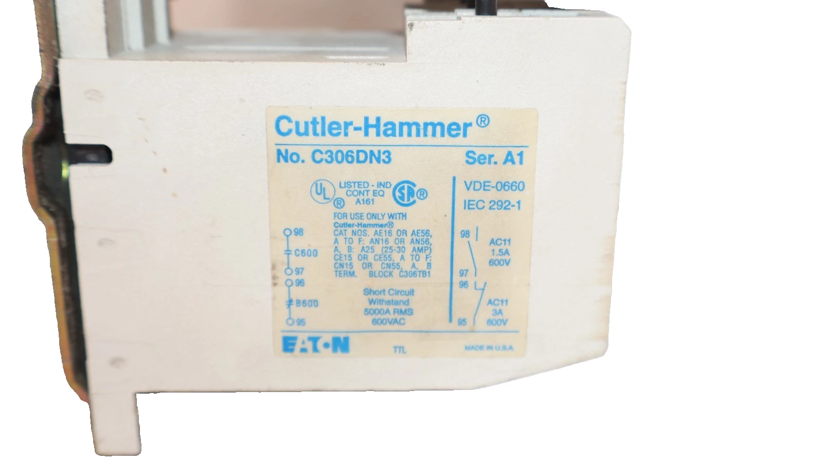Used Cutler-Hammer Eaton Starter AN16BN0 Size Sz 0 600V 18A 18 Amp 120v coil AN16BNO