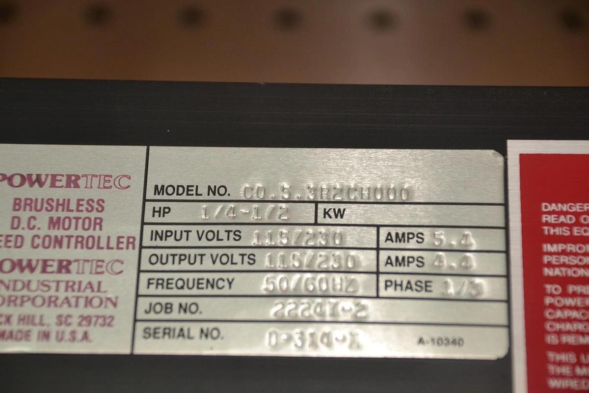 Used POWERTEC C0.5.3R2CH000 C0 5 3R2CH000 1/2HP BRUSHLESS DC MOTOR SPEED CONTROLLER
