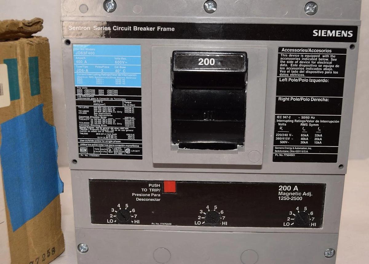 Siemens Sentron ITE Breaker 200a JD63B200L 200 Amp JD63F400 JD6-A 3p NEW