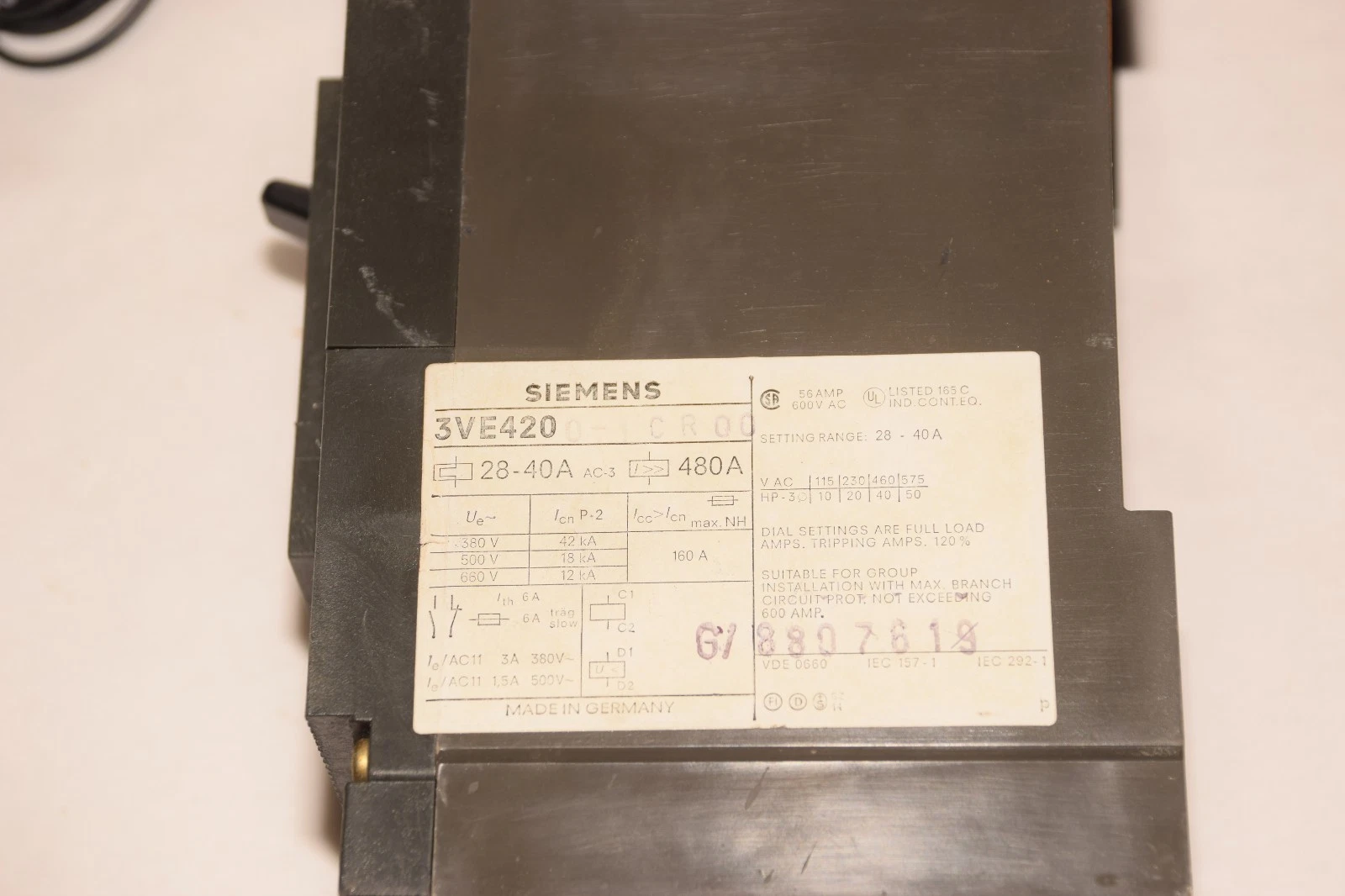 Used SIEMENS 3VE420 28-40A MOTOR OVERLOAD BREAKER