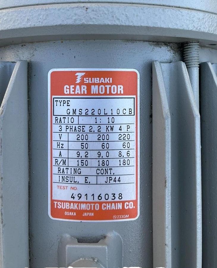 Used Tsubaki GMS220L10CB GEARMOTOR 1:10 Ratio 3ph 240v 2.2 KW