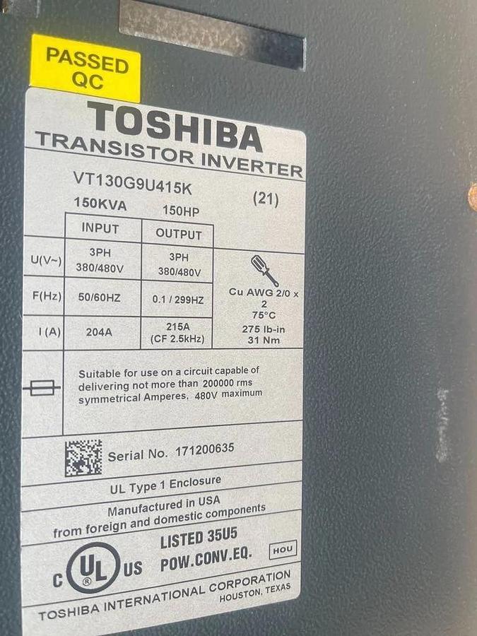 Used Toshiba Transistor Inverter G9 Adj Speed Drive VT130G9U415K 150kva 150hp 380/480