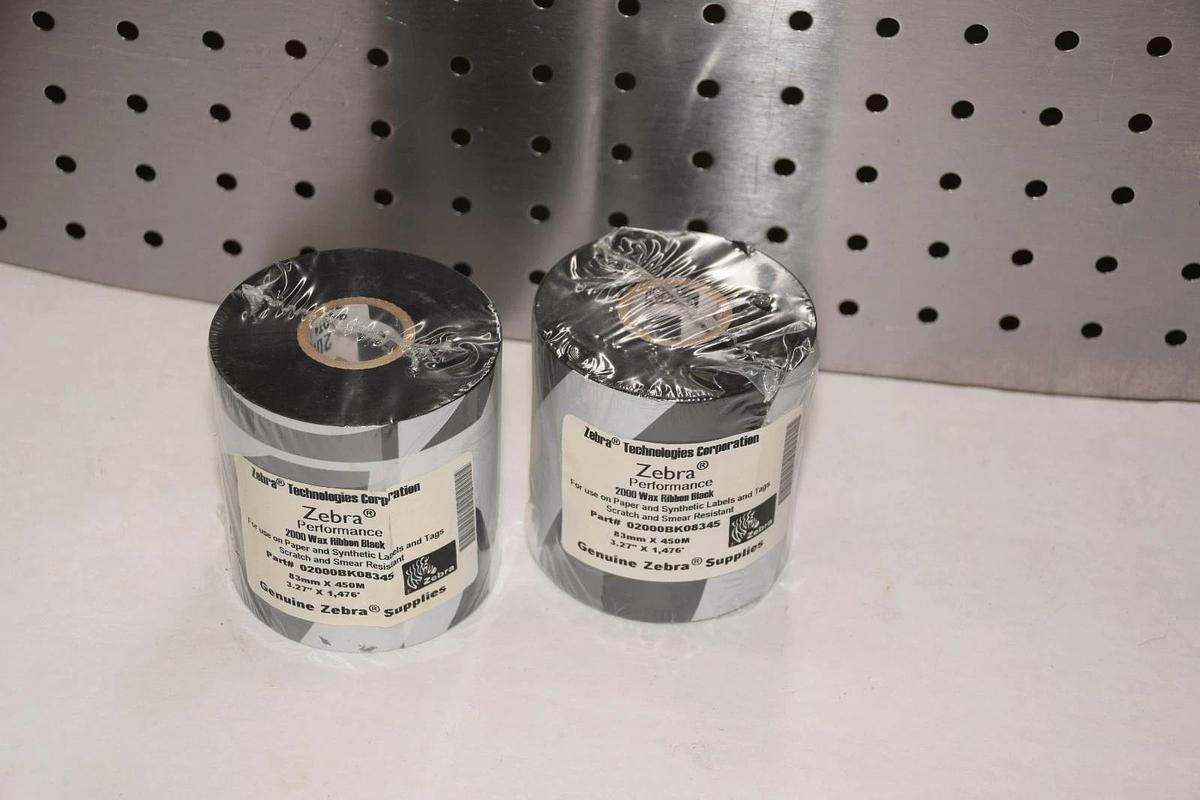 (LOT 2) ZEBRA TECHNOLOGIES 02000BK08345 83mm x 450m 2000 WAX RIBBON BLACK NEW