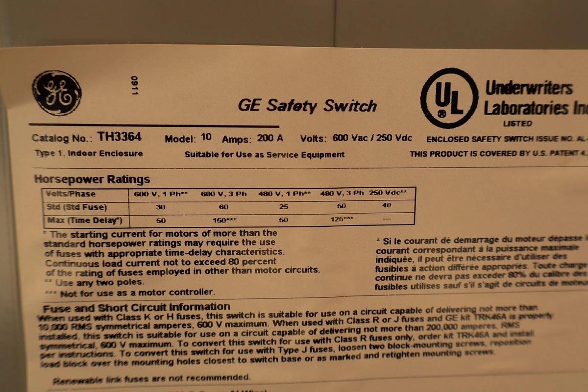 Used GE Heavy Duty Fusible Safety Switch Mod 10 TH3364 200A 200 Amp 600vac 150hp