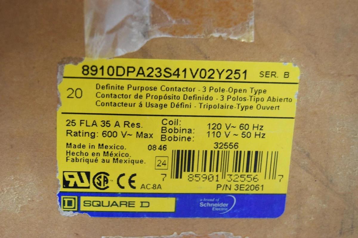 Square D Contactor 8910 DPA 23S41 Y 251 8910DPA23S41V02Y251 35A 120v coil (New)