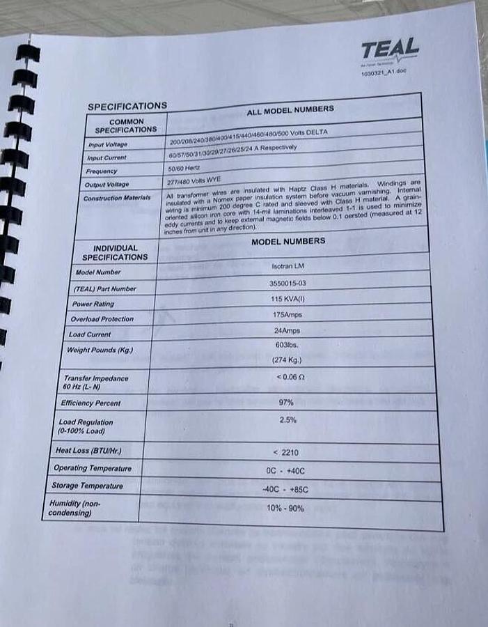 TEAL IsoTran LM  Power Conditioner 3550015-03 355001503 3ph 115kva 3550015 (NEW)