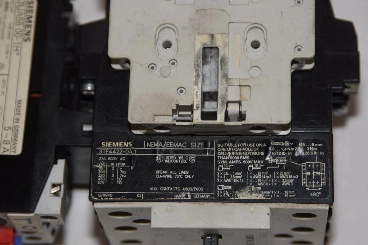 Used SIEMENS 3TF4422-0A..1 Sz Size 1 Starter 110/120v coil w/ Relay 3UA55 00-1H* 5-8A