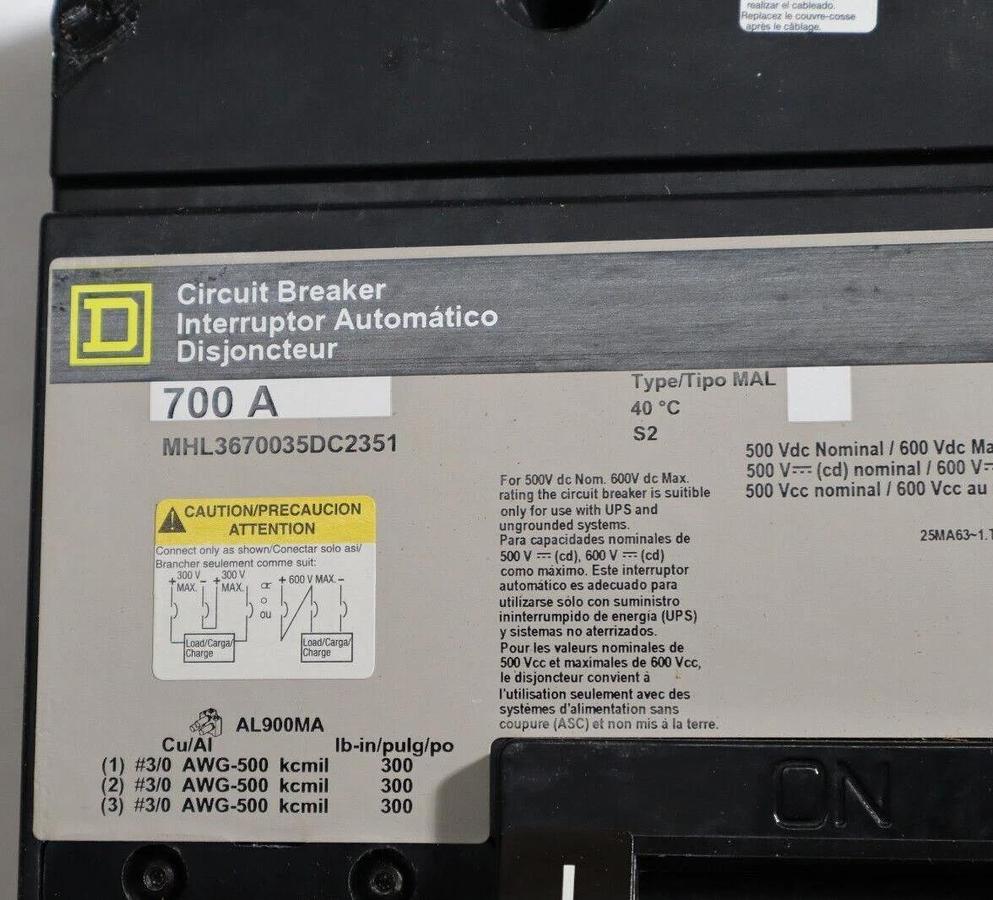 SQUARE D Circuit Breaker MHL3670035DC2351 700 Amp 700A Shunt Aux (NEW)