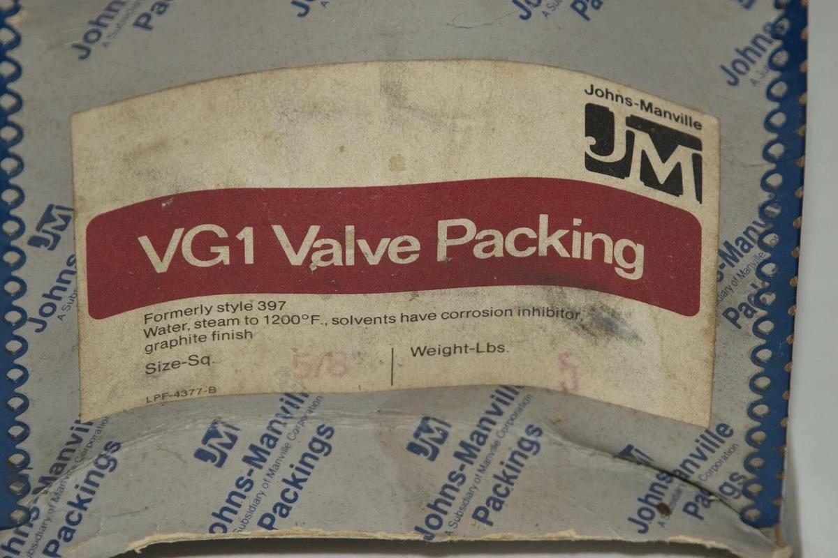 (NEW) JOHNS-MANVILLE VG1 5/8" x 8' long  Graphite Finish Valve Packing 8ft 5/8in