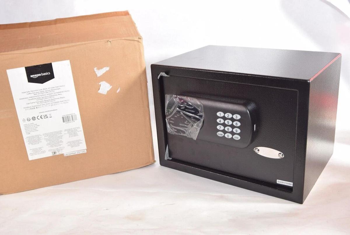 (NEW) AMAZON BASICS 0.5 Cubic Feet Black Electronic Lock Hotel Safe