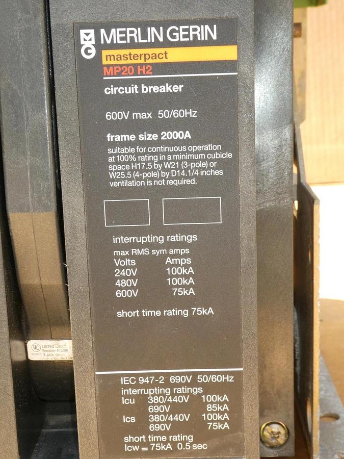 Used Merlin Gerin MP20H2 2000A  Masterpact Circuit Breaker 2000 Amp w/ Shunt MP20 H2