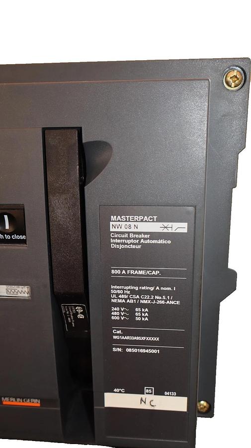 Refurbished Square D Circuit Breaker Masterpact NW08N 800A Micrologic 5.0 WG1AAR33A9SXFXXXXX