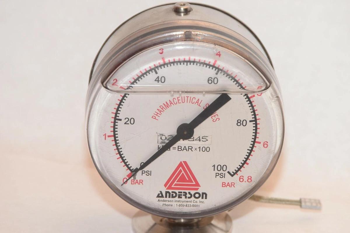 Used ANDERSON 0227345 0-6.8 Bar 0-100psi 3.5" Face Pressure Gauge