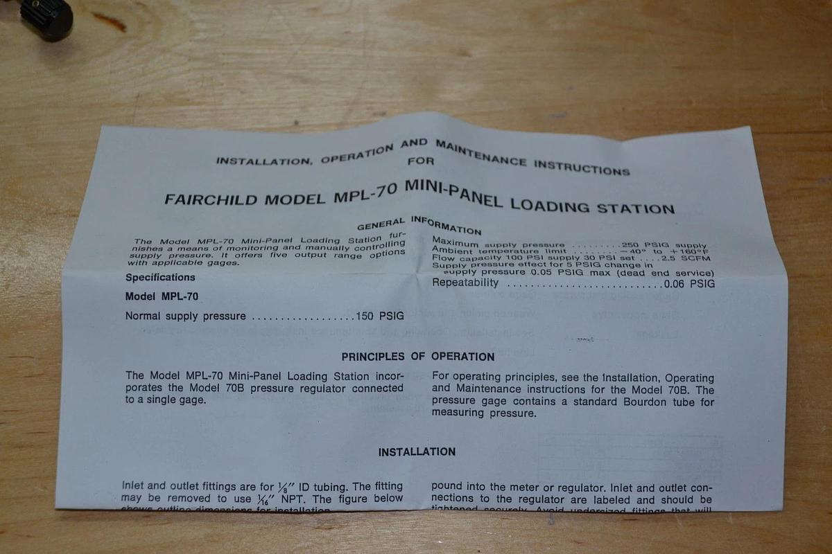 FAIRCHILD MPL70PV100100 MINI PANEL LOADING STATION REGULATOR NEW