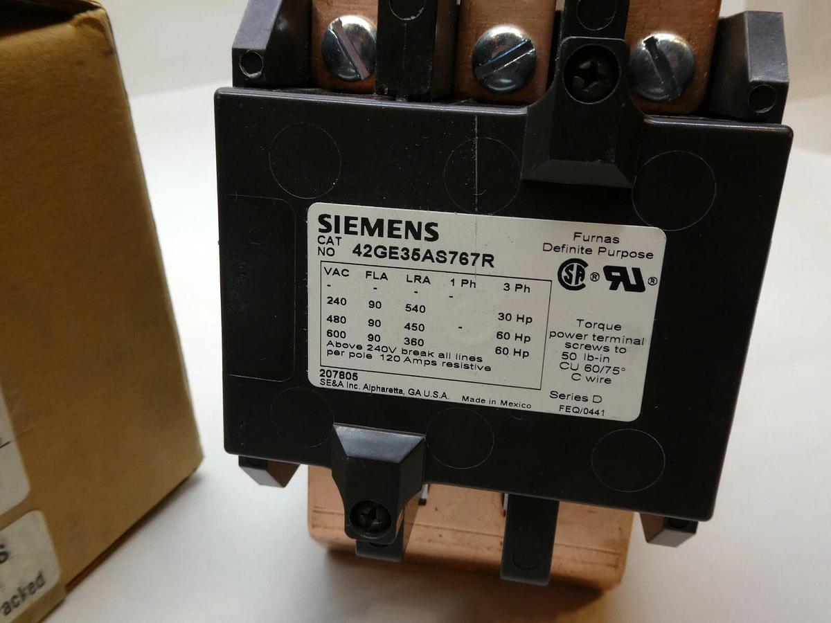 Used Siemens Definite Purpose Contactor 42GE35AS767R 3 pole 24VDC COIL 90A (NEW)