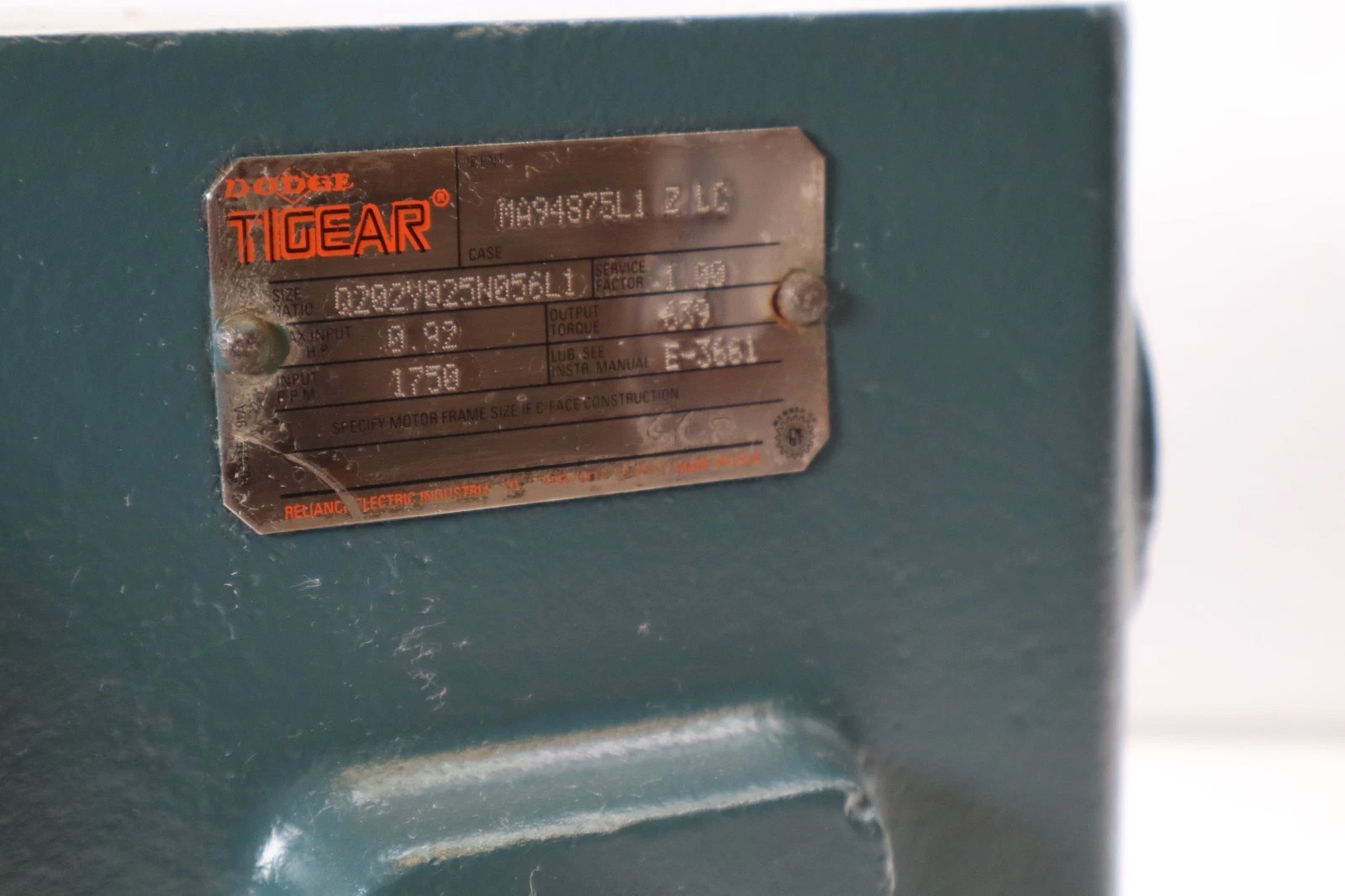 Refurbished Dodge Tigear Gear Box Speed Reducer Q202Y025N056L1 SF: 1 0.92Hp 1750rpm 1" Shaft