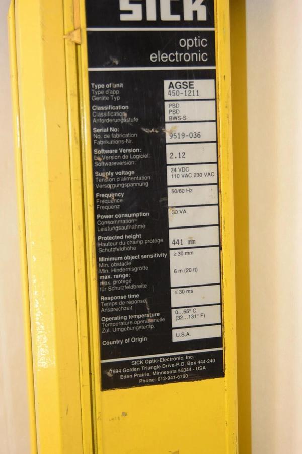 Used SICK Light Curtain Receiver AGSE 450-1211 Version 2.12 24Vdc 441mm AGSE4501211