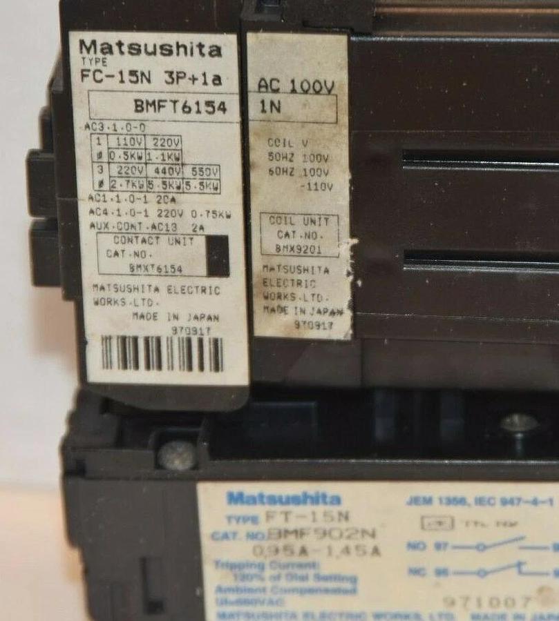Used MATSUSHITA FC-15N STARTER W/ FT-15N RELAY 0.95A-1.45A 100-110V AC 50/60Hz COIL